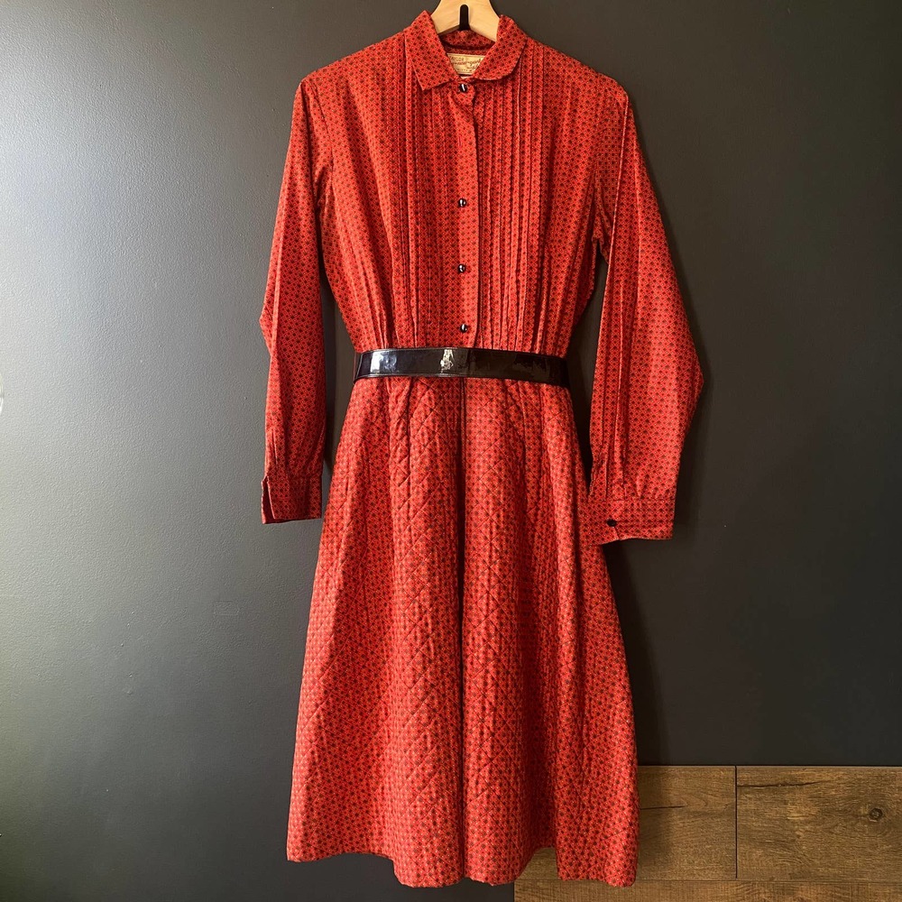 Vintage 1950's Mr. Mort Lord & Taylor Quilted Red Secretary Belted Midi Dress - Picture 2 of 12